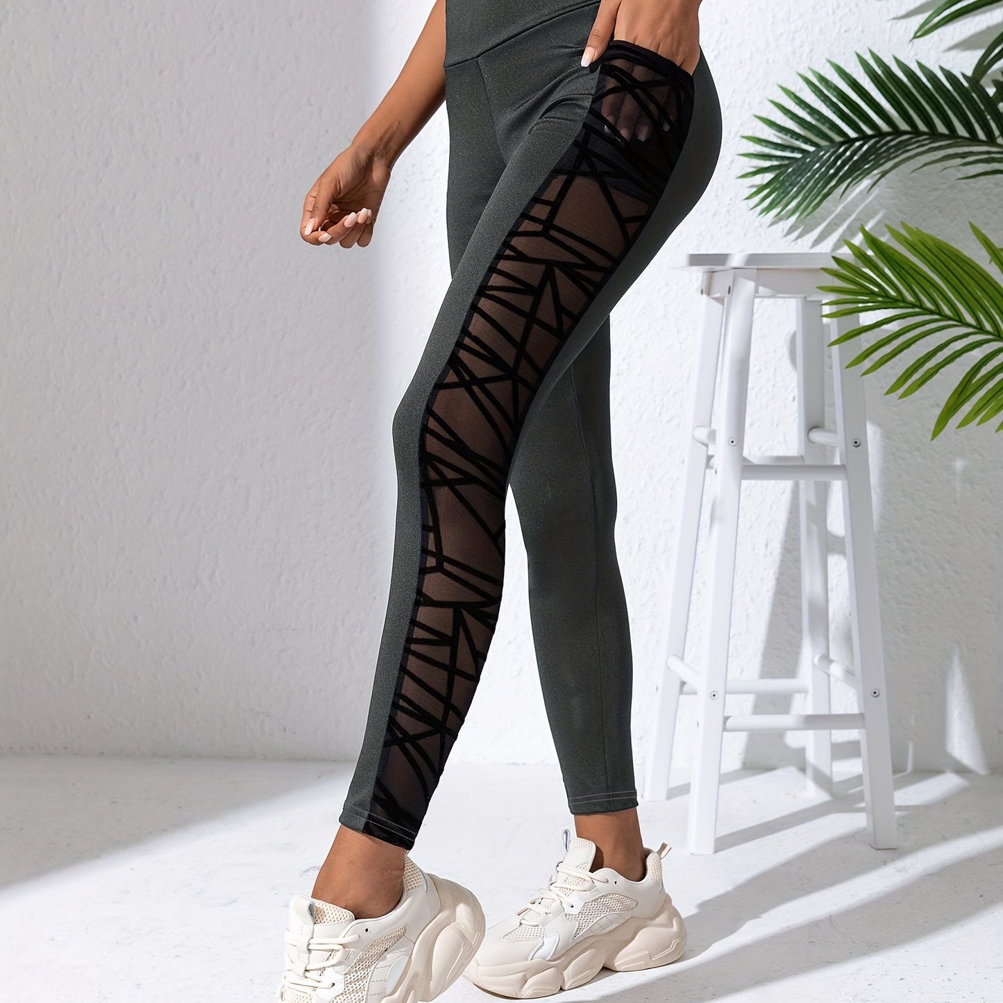 Women's High Waist Slimming Leggings - Mesh Panel Yoga Pants with Pockets