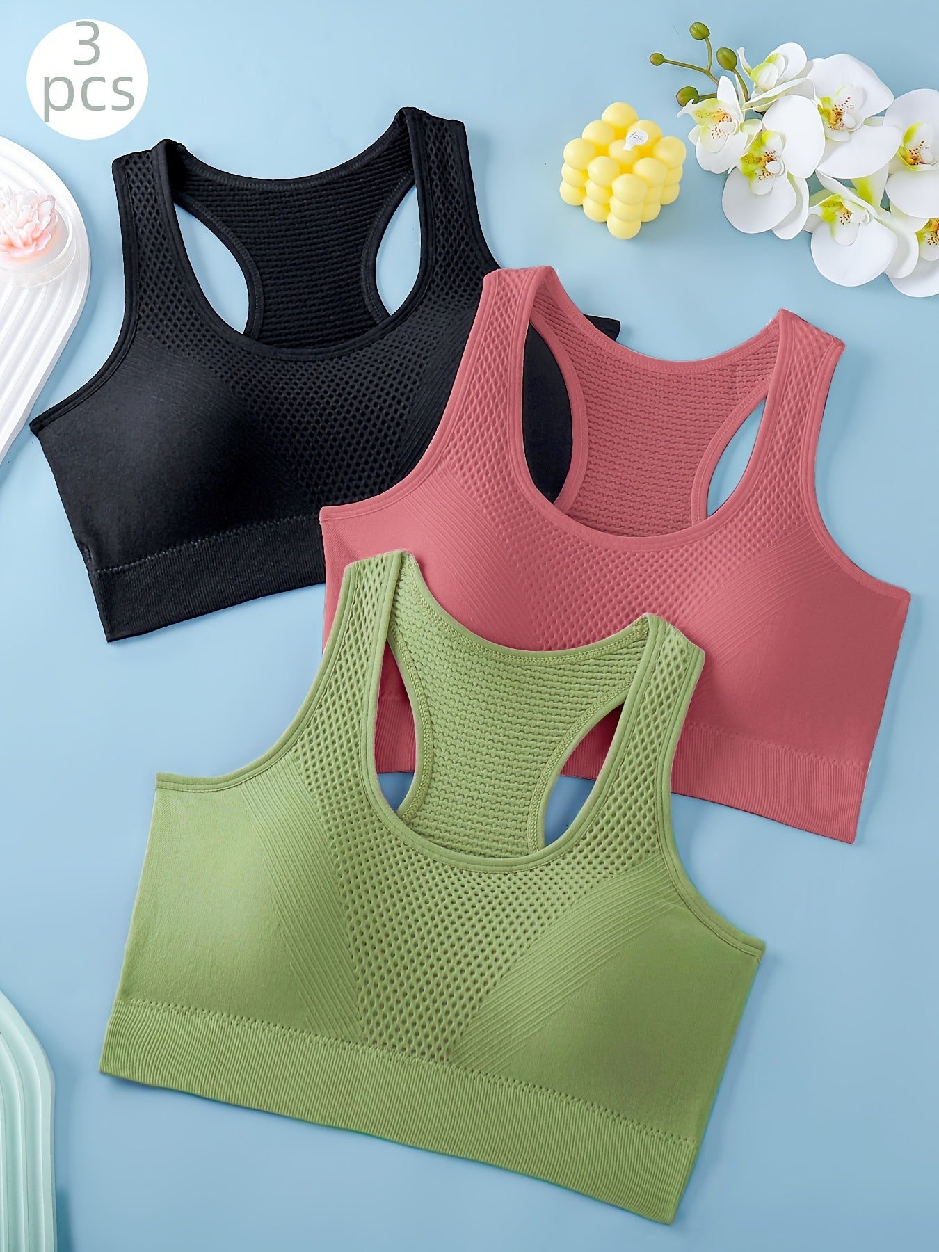 Women's Sports Bras 3-Pack - Breathable Yoga Fitness Tank Tops