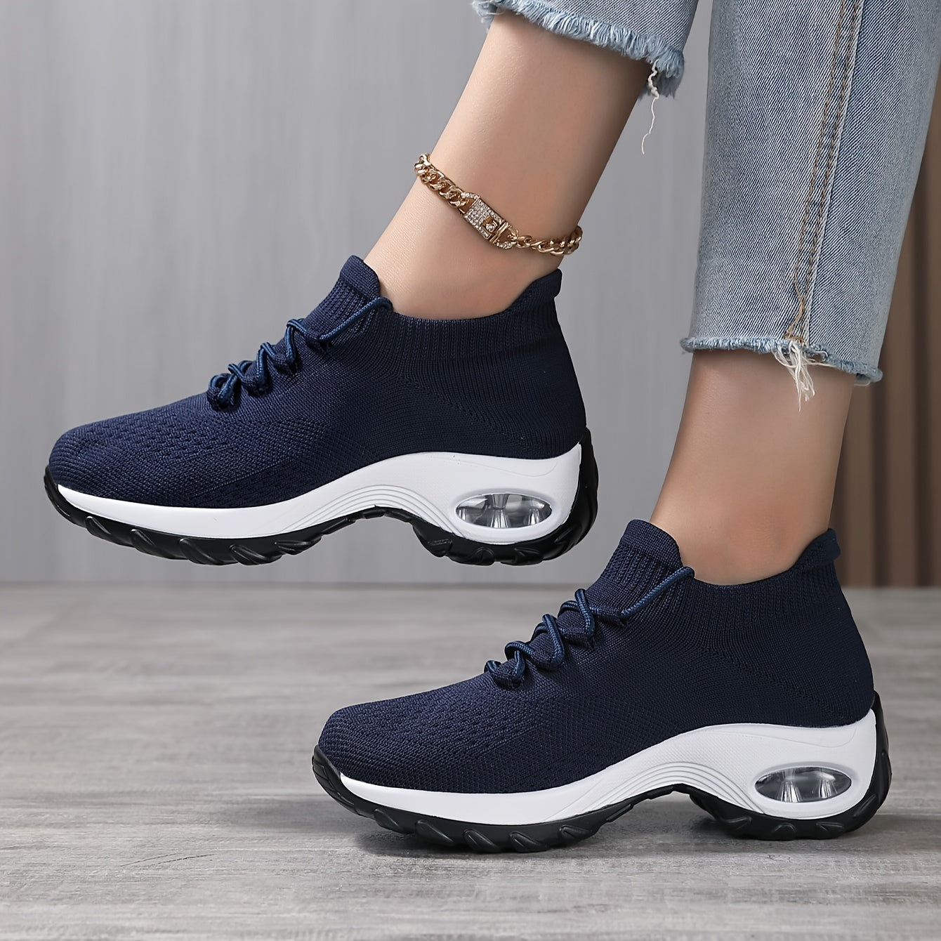 Women's Breathable Knit Chunky Sneakers - Casual Low Top Sport Shoes
