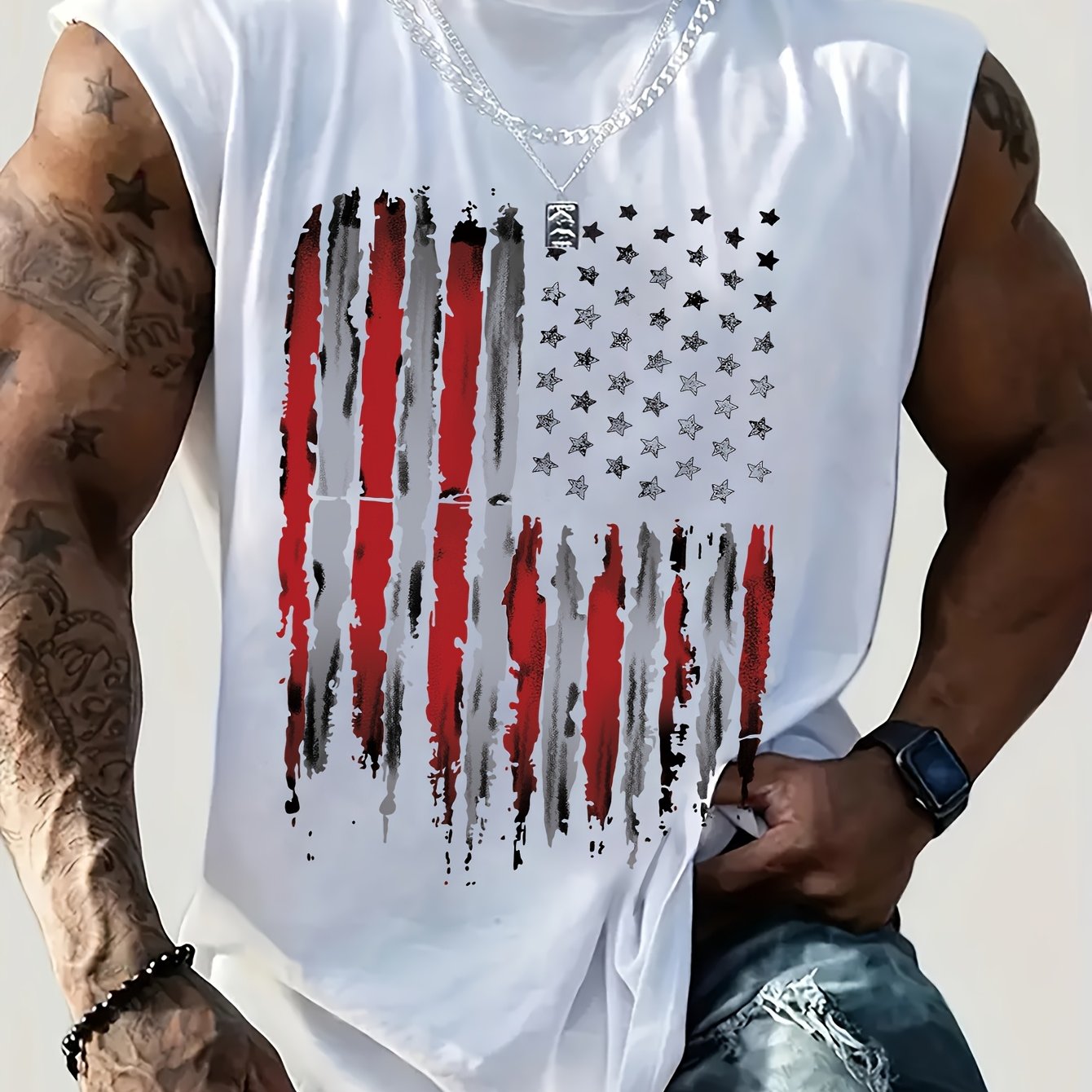 Men's American Flag Tank Top - 100% Cotton Patriotic Gym Vest
