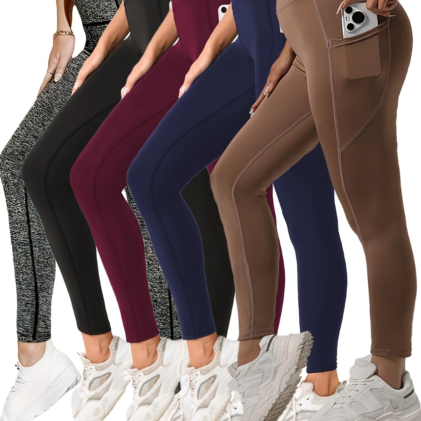 Women's High Waist Yoga Pants 5-Pack - Tummy Control Leggings with Pockets