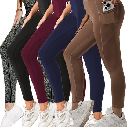 Women's High Waist Yoga Pants 5-Pack - Tummy Control Leggings with Pockets