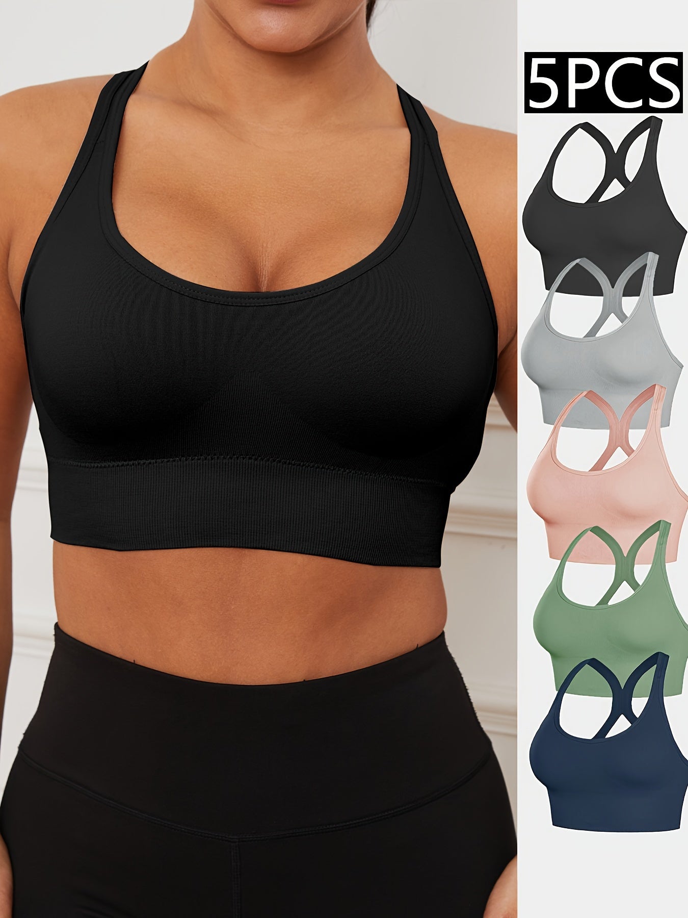 Women's Sports Bras 5-Pack - Seamless Low-Cut Nylon Fitness Bras