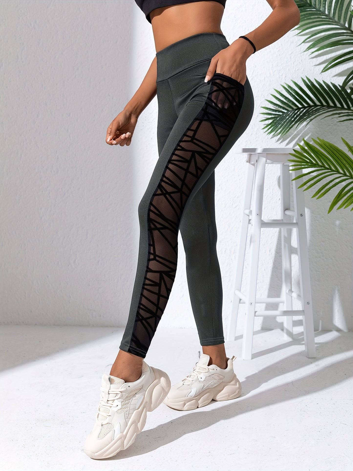 Women's High Waist Slimming Leggings - Mesh Panel Yoga Pants with Pockets