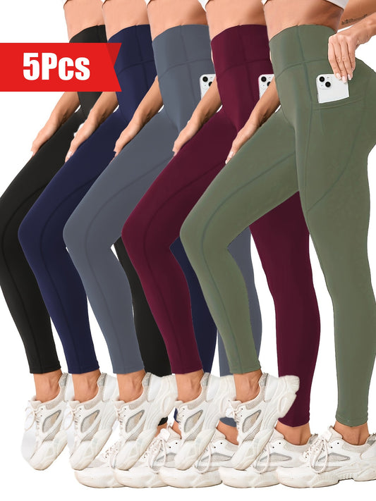 Women's High Waist Yoga Pants 5-Pack - Tummy Control Leggings with Pockets