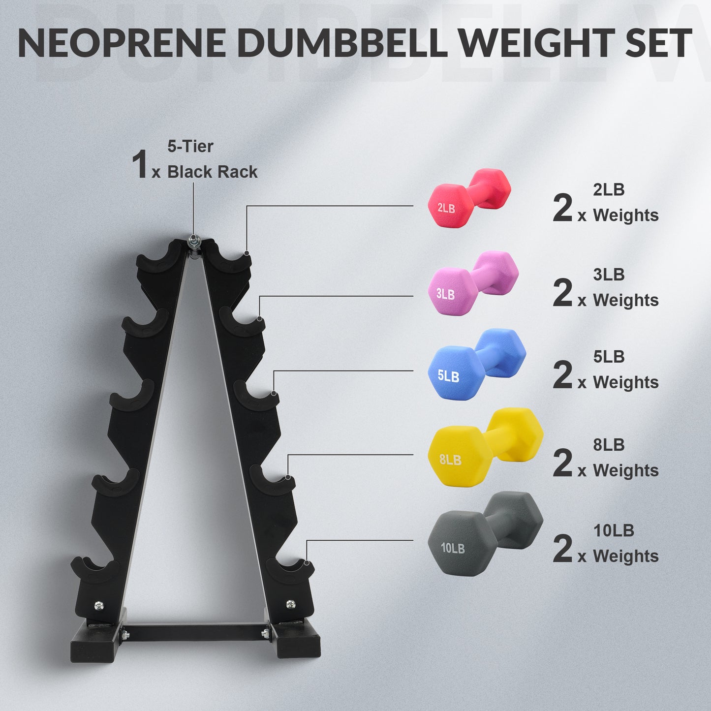 Professional Dumbbell Set with Storage Rack - Neoprene Hex Weights for Home Gym