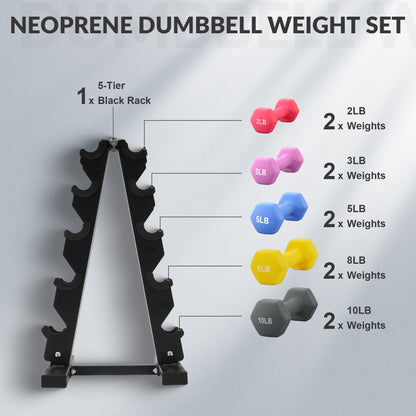 Professional Dumbbell Set with Storage Rack - Neoprene Hex Weights for Home Gym