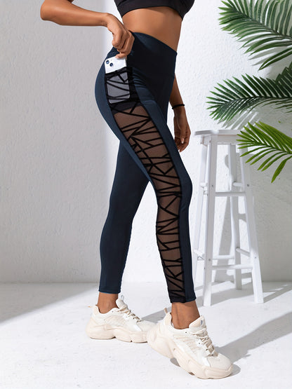 Women's High Waist Slimming Leggings - Mesh Panel Yoga Pants with Pockets