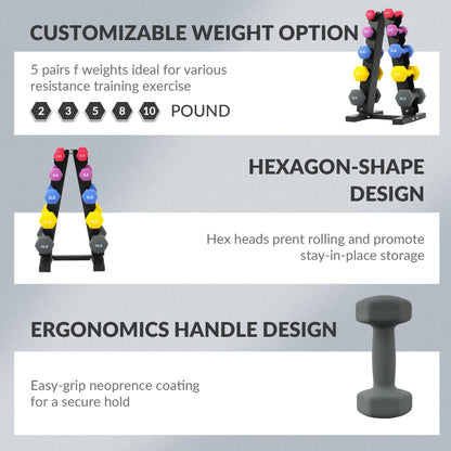 Professional Dumbbell Set with Storage Rack - Neoprene Hex Weights for Home Gym