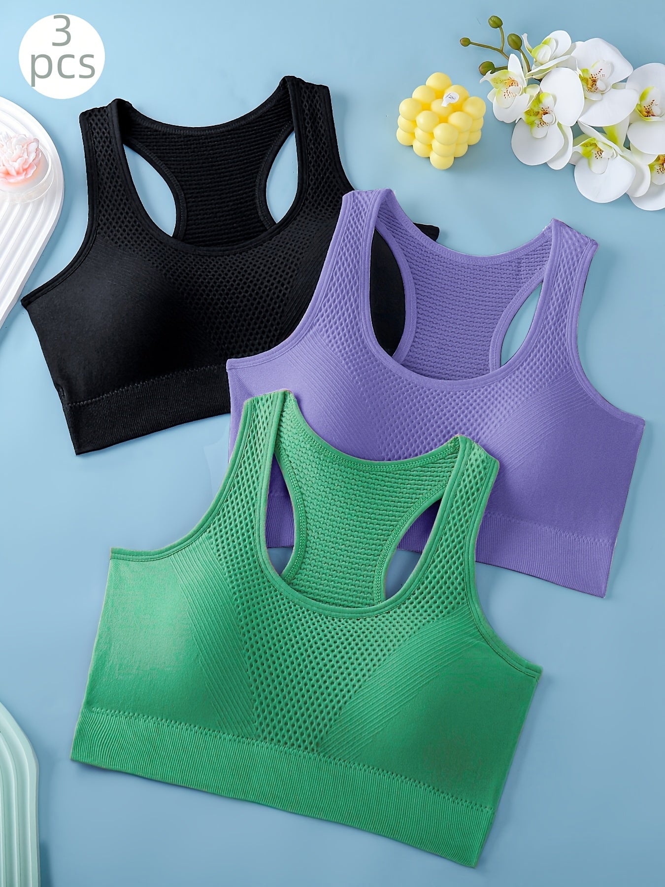 Women's Sports Bras 3-Pack - Breathable Yoga Fitness Tank Tops