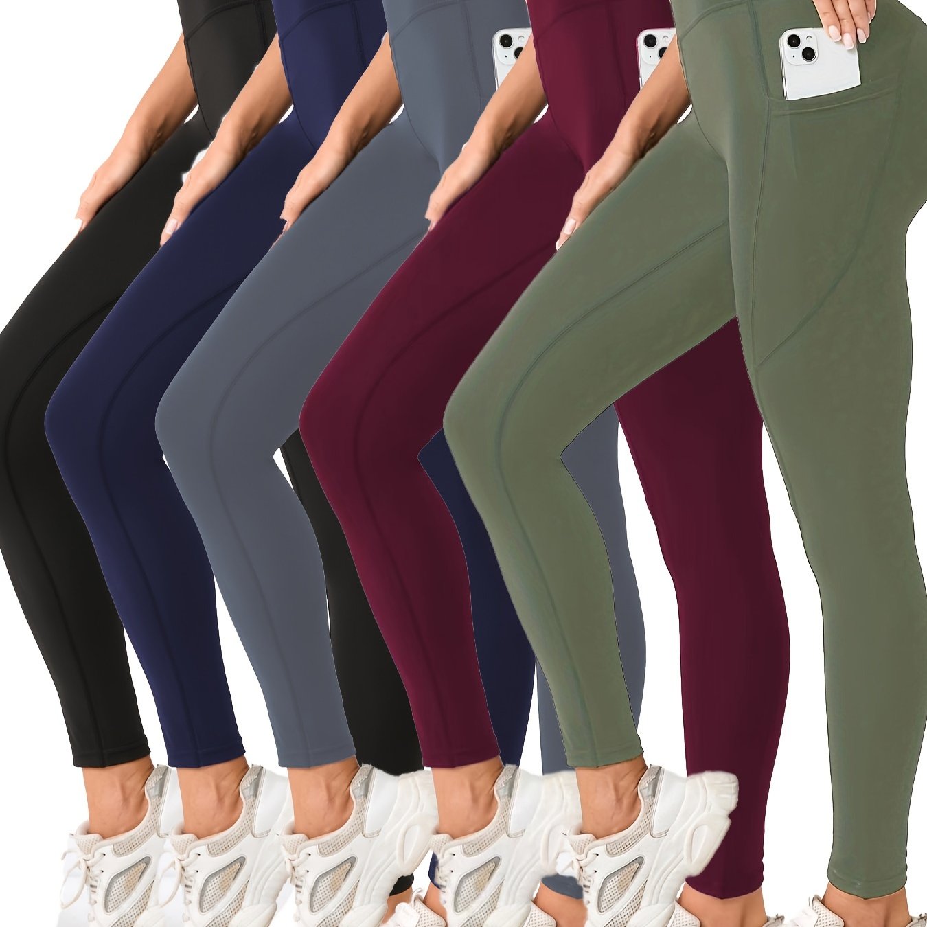 Women's High Waist Yoga Pants 5-Pack - Tummy Control Leggings with Pockets