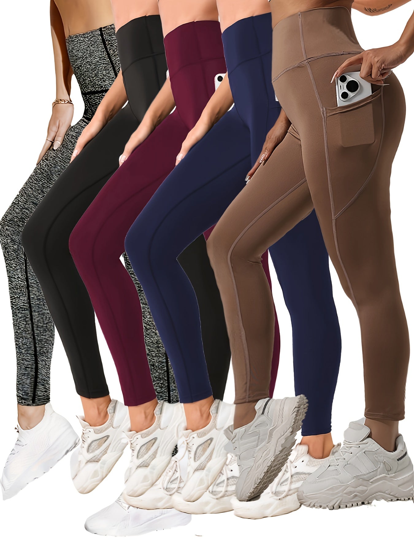 Women's High Waist Yoga Pants 5-Pack - Tummy Control Leggings with Pockets