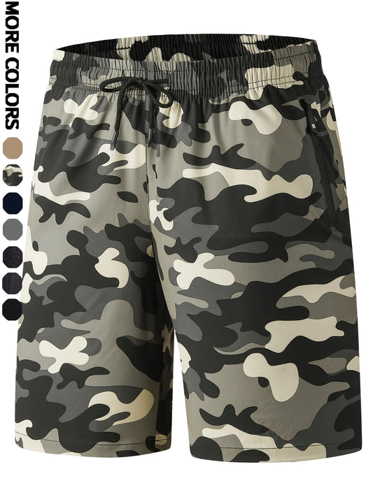 Men's Camo Athletic Shorts - Quick-Dry with Zippered Pockets