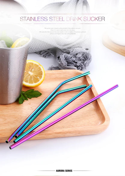 Reusable Stainless Steel Straws - Eco-Friendly Metal Drinking Straws | Rainbow Bent & Straight Set for Cocktails