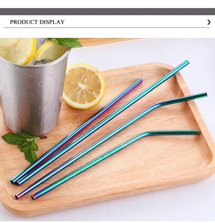 Reusable Stainless Steel Straws - Eco-Friendly Metal Drinking Straws | Rainbow Bent & Straight Set for Cocktails