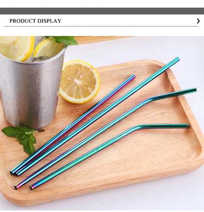 Reusable Stainless Steel Straws - Eco-Friendly Metal Drinking Straws | Rainbow Bent & Straight Set for Cocktails