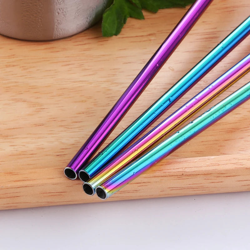 Reusable Stainless Steel Straws - Eco-Friendly Metal Drinking Straws | Rainbow Bent & Straight Set for Cocktails