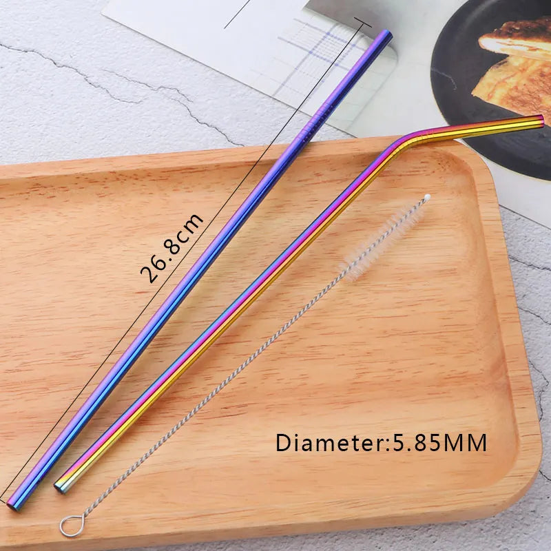 Reusable Stainless Steel Straws - Eco-Friendly Metal Drinking Straws | Rainbow Bent & Straight Set for Cocktails