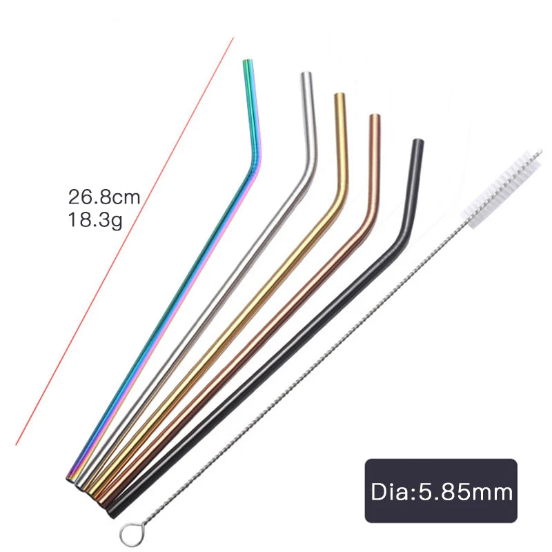 Reusable Stainless Steel Straws - Eco-Friendly Metal Drinking Straws | Rainbow Bent & Straight Set for Cocktails