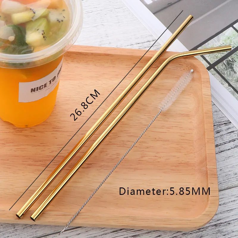 Reusable Stainless Steel Straws - Eco-Friendly Metal Drinking Straws | Rainbow Bent & Straight Set for Cocktails