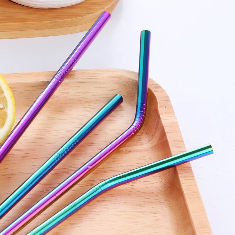 Reusable Stainless Steel Straws - Eco-Friendly Metal Drinking Straws | Rainbow Bent & Straight Set for Cocktails