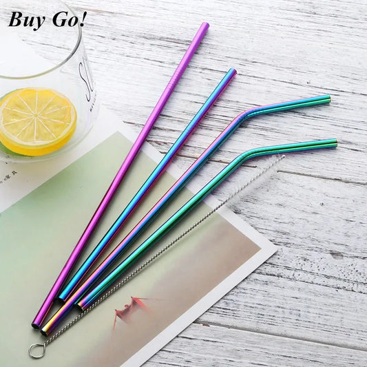 Reusable Stainless Steel Straws - Eco-Friendly Metal Drinking Straws | Rainbow Bent & Straight Set for Cocktails
