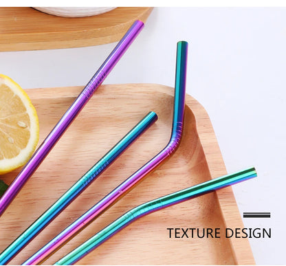 Reusable Stainless Steel Straws - Eco-Friendly Metal Drinking Straws | Rainbow Bent & Straight Set for Cocktails