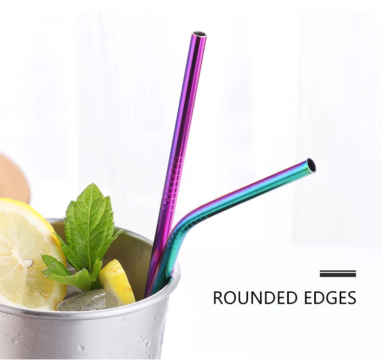 Reusable Stainless Steel Straws - Eco-Friendly Metal Drinking Straws | Rainbow Bent & Straight Set for Cocktails