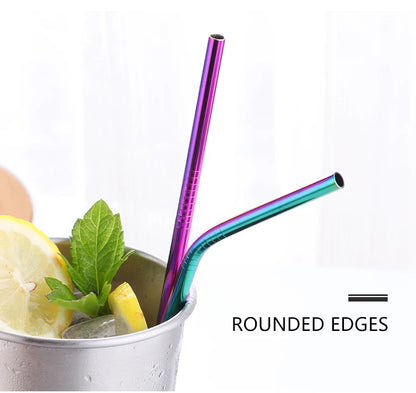Reusable Stainless Steel Straws - Eco-Friendly Metal Drinking Straws | Rainbow Bent & Straight Set for Cocktails