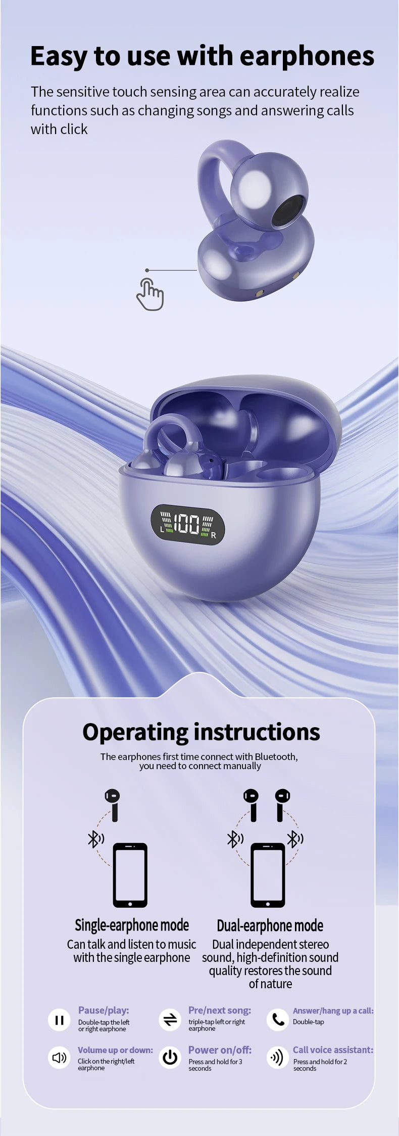 Wireless Ear Clip Headphones - Bluetooth Sports Earbuds with LED Display