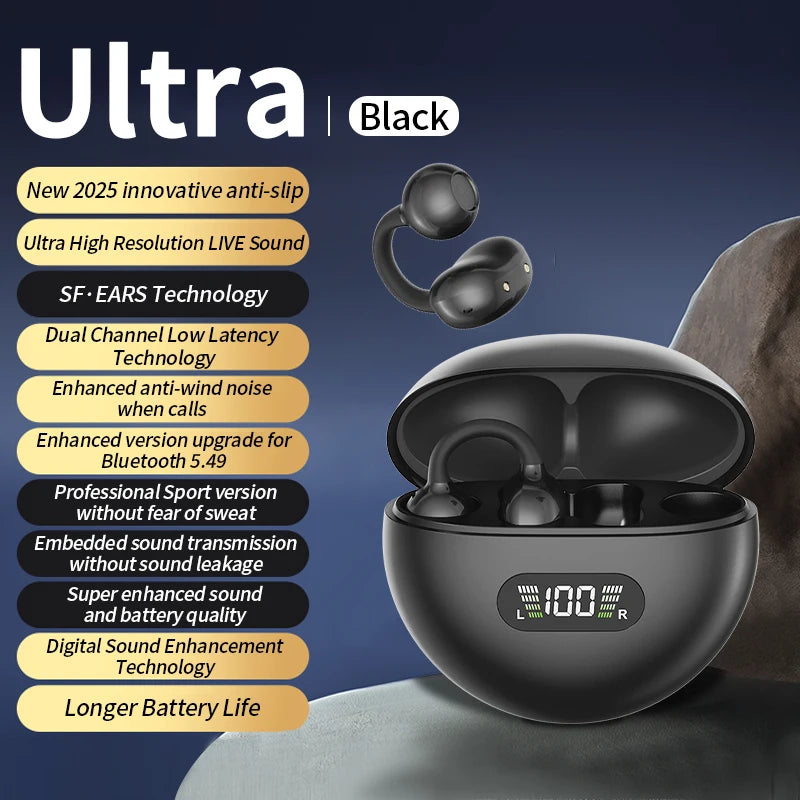 Wireless Ear Clip Headphones - Bluetooth Sports Earbuds with LED Display