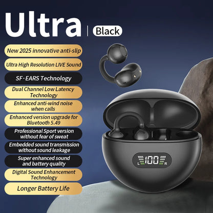 Wireless Ear Clip Headphones - Bluetooth Sports Earbuds with LED Display