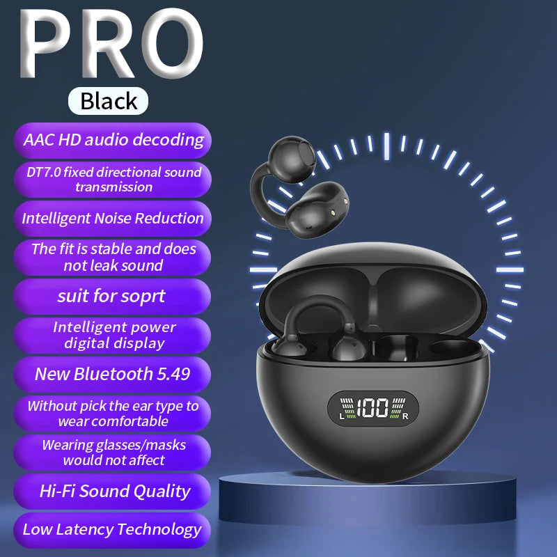 Wireless Ear Clip Headphones - Bluetooth Sports Earbuds with LED Display