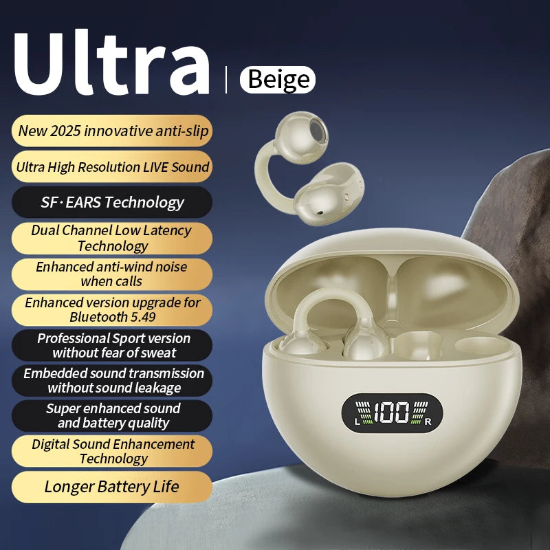 Wireless Ear Clip Headphones - Bluetooth Sports Earbuds with LED Display