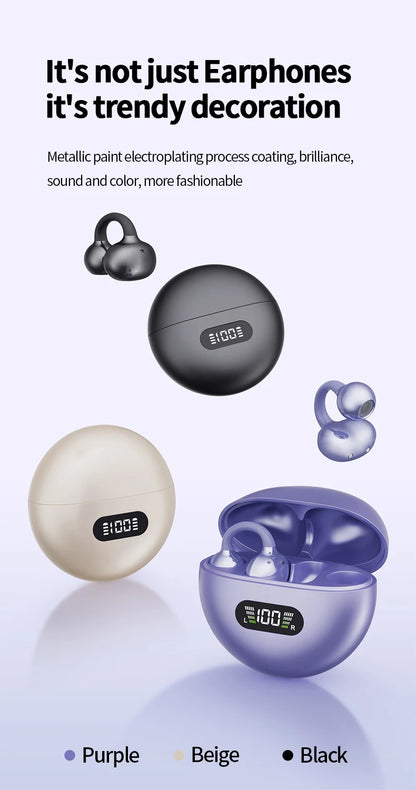 Wireless Ear Clip Headphones - Bluetooth Sports Earbuds with LED Display