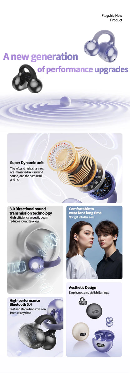 Wireless Ear Clip Headphones - Bluetooth Sports Earbuds with LED Display