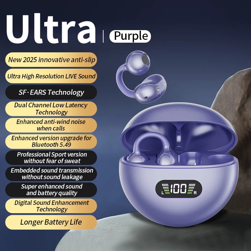 Wireless Ear Clip Headphones - Bluetooth Sports Earbuds with LED Display