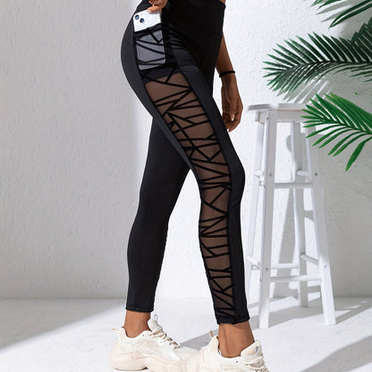 Women's High Waist Slimming Leggings - Mesh Panel Yoga Pants with Pockets