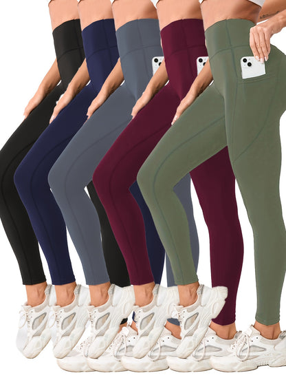 Women's High Waist Yoga Pants 5-Pack - Tummy Control Leggings with Pockets