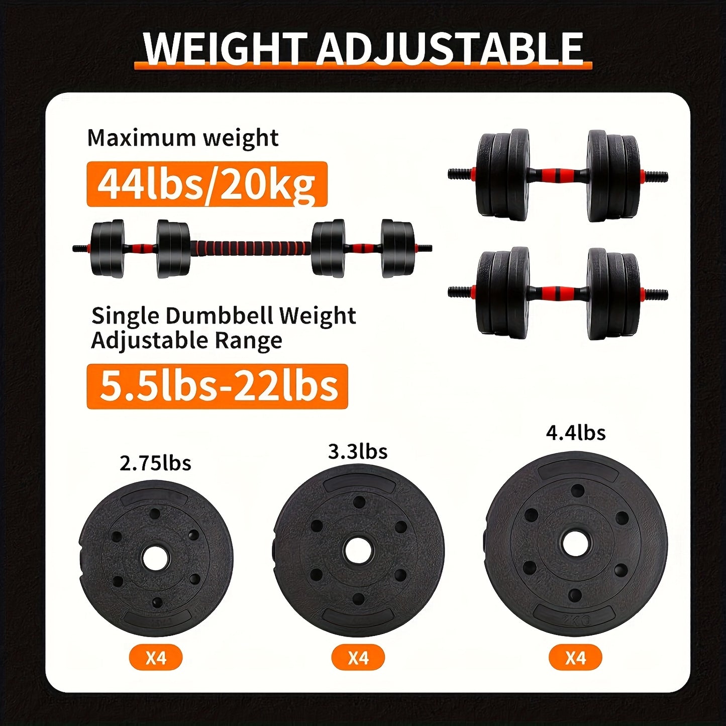 Adjustable Dumbbell Set 44lbs - 3-in-1 Quick-Change Home Gym Weights