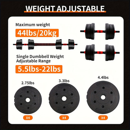 Adjustable Dumbbell Set 44lbs - 3-in-1 Quick-Change Home Gym Weights