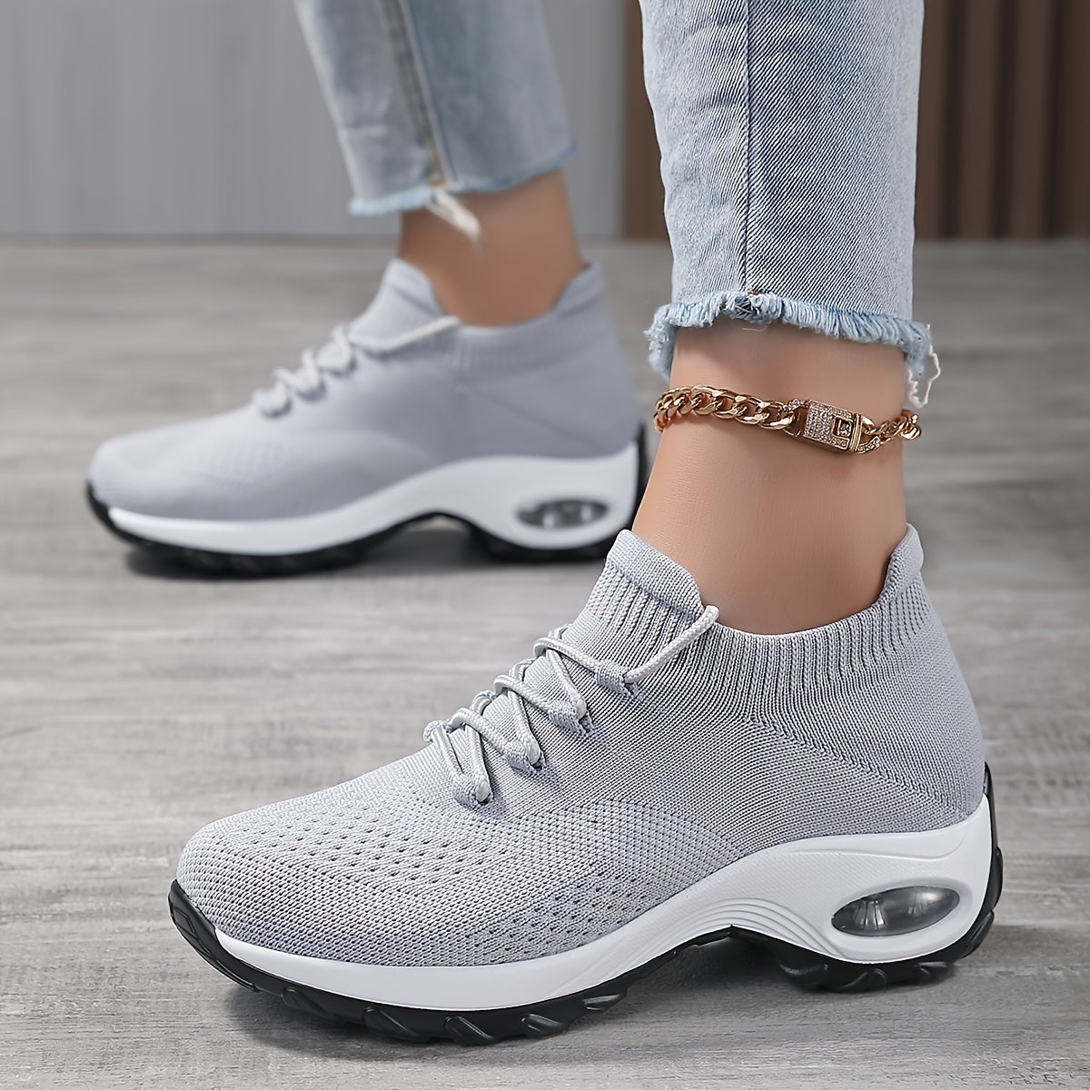 Women's Breathable Knit Chunky Sneakers - Casual Low Top Sport Shoes